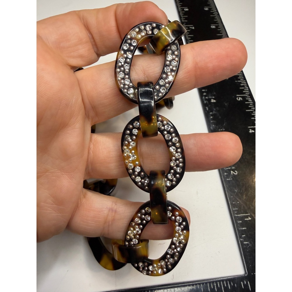 Tortoise Shell Resin Chunky Link Necklace Rhinestone Crystal Statement 20 Inch